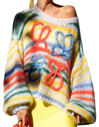 ROMRUM Women's Rainbow Striped Fluffy Sweater Pullover Batwing Long Sleeve Crewneck Color Block Loose Knit Jumpers Top（Medium, Multicolor | Amazon (US)