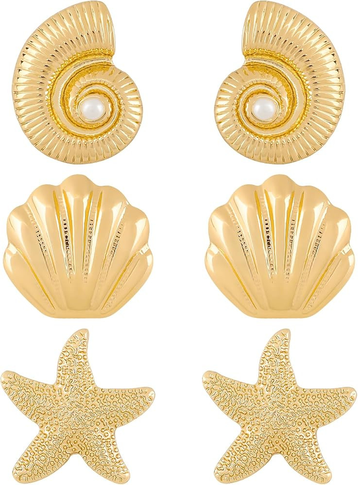 3 Pairs Gold Beach Earrings for Women, 14K Gold Plated Statement Earrings Ocean Jewelry Starfish ... | Amazon (US)