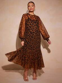 Vixey Leopard Print Tulle Ruffle Hem Sheer Mesh Lantern Sleeve Tunic Top, Leopard Print Dress, An... | SHEIN