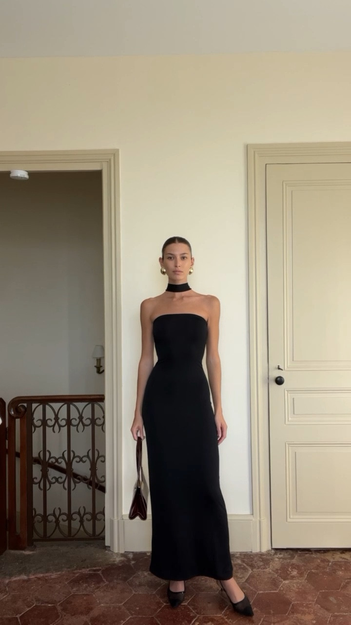 Black maxi dress, black tie outfit, party outfit, black dress, neck scarf, neck tie dress, all black outfit, formal outfit, dinner outfit 

#LTKstyletip #LTKeurope #LTKSeasonal