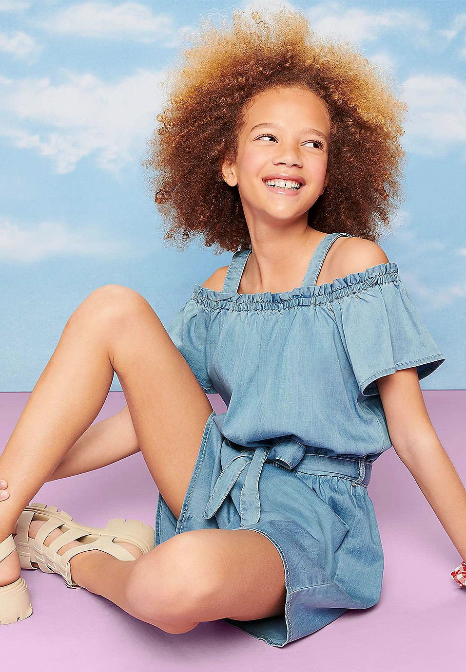 Girls Cold Shoulder Chambray Romper | Maurices