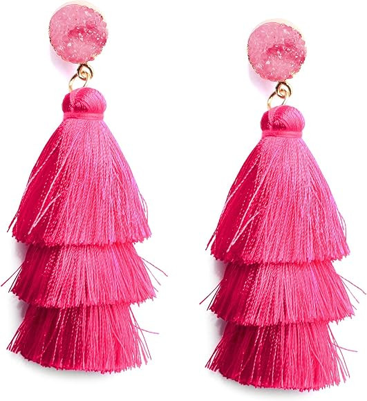 Colorful Layered Fashion Tassel Earrings Bohemian 3 Tier Fringe Statement Big Dangle Drop Earring... | Amazon (US)