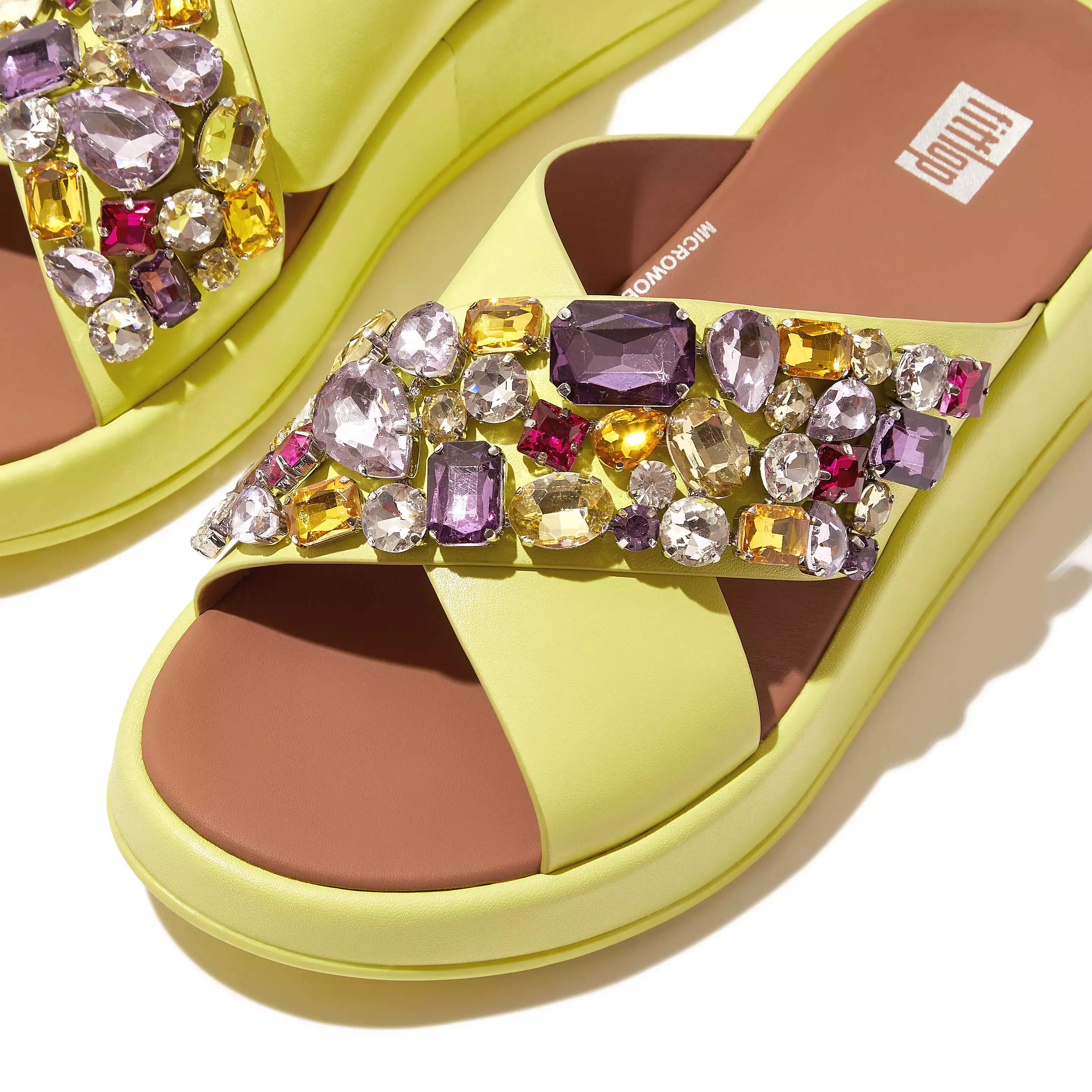 F-MODE Jewel-Deluxe Leather Flatform Cross Slides | FitFlop (US)