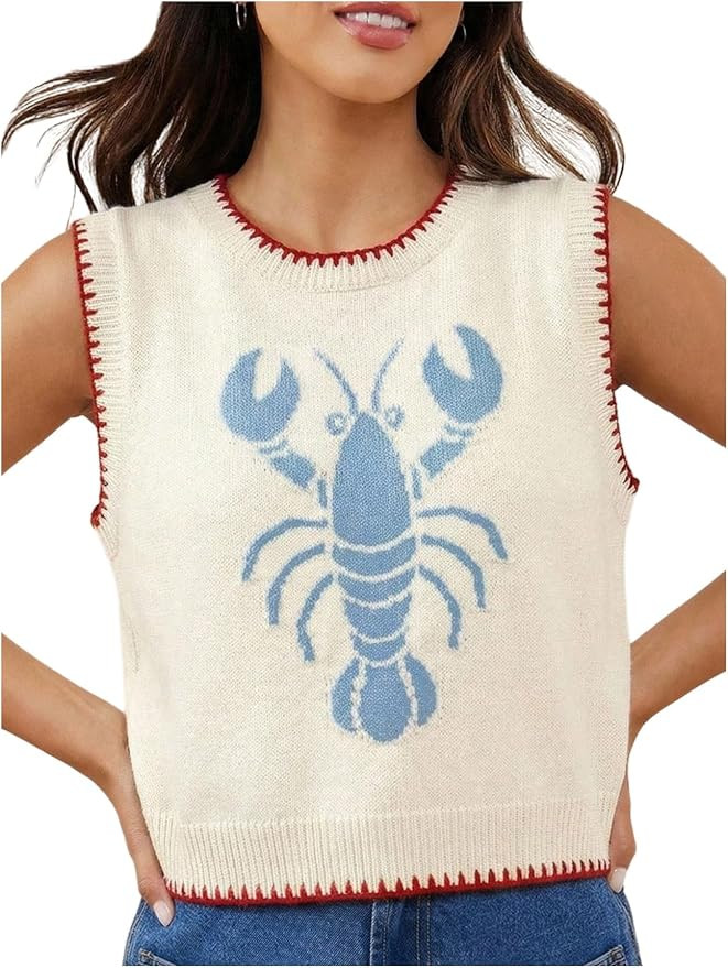 Verdusa Women's Lobster Crochet Tank Tops Sweater Vest Sleeveless Knit Tops Funny Shirts | Amazon (US)
