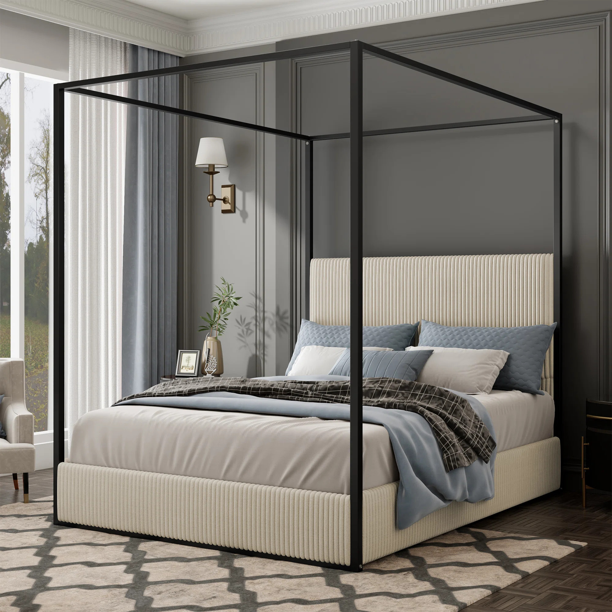 Metal Canopy Bed with Tall Corduroy Upholstered Headboard and Four Poster | Wayfair North America