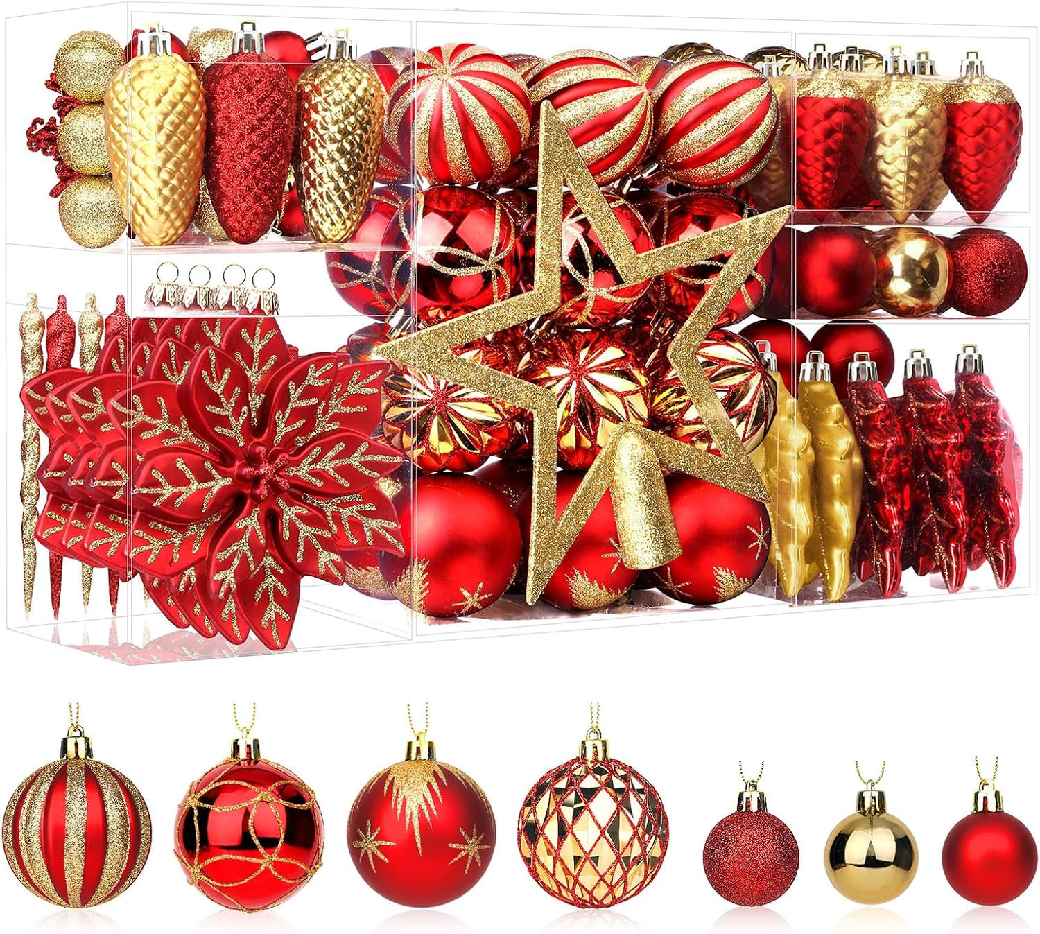 SHareconn 106PCS Christmas Balls Ornaments Set, Colorful Shatterproof Plastic Decorative Baubles for Xmas Tree Decor Holiday Wedding Party Decoration with Hanging Hooks, Red & Gold | Amazon (US)