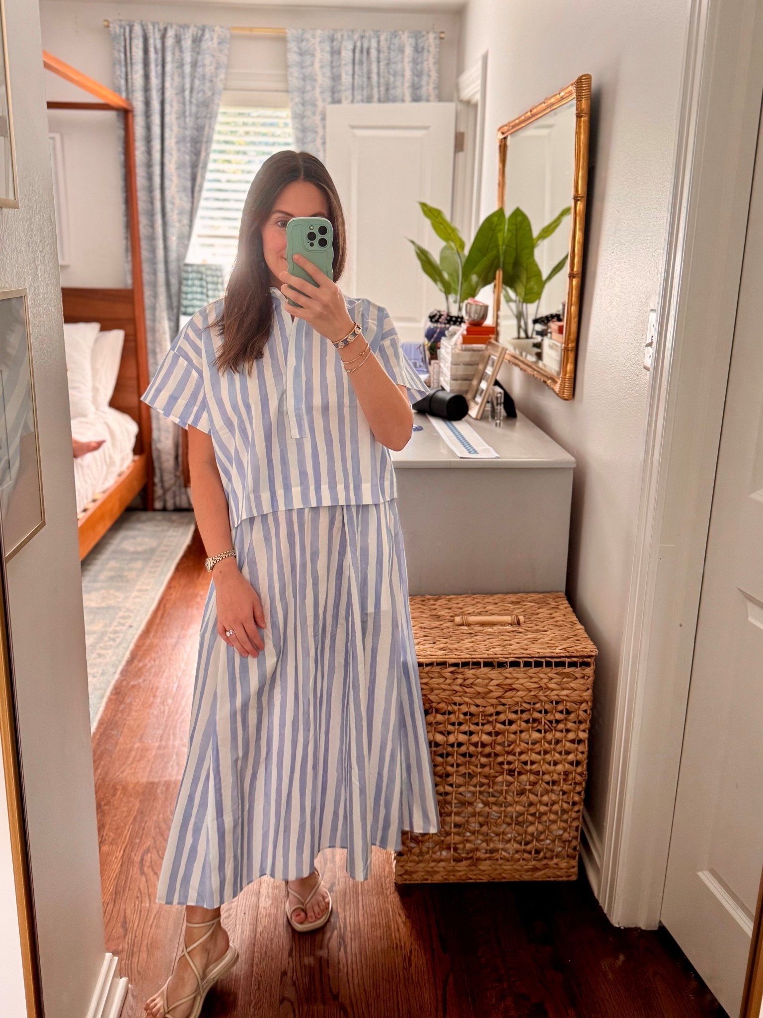The cutest blue and white set. Matching set. Blue and white. Skirt. Top. Sandals. Skirt set. Cropped blouse. Midi skirt. Under $200 sandals. LTKseasonal. LTKshoecrush. 

#LTKShoeCrush #LTKSeasonal