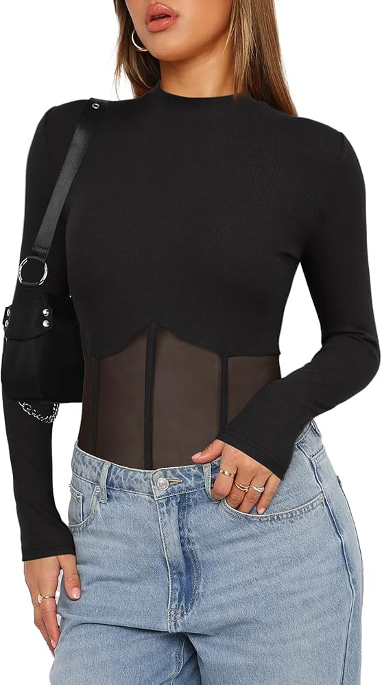 Darong Women Long Sleeve Bodysuit Crew Neck Mesh Sheer Panels Bodysuits Shirt Tops | Amazon (US)