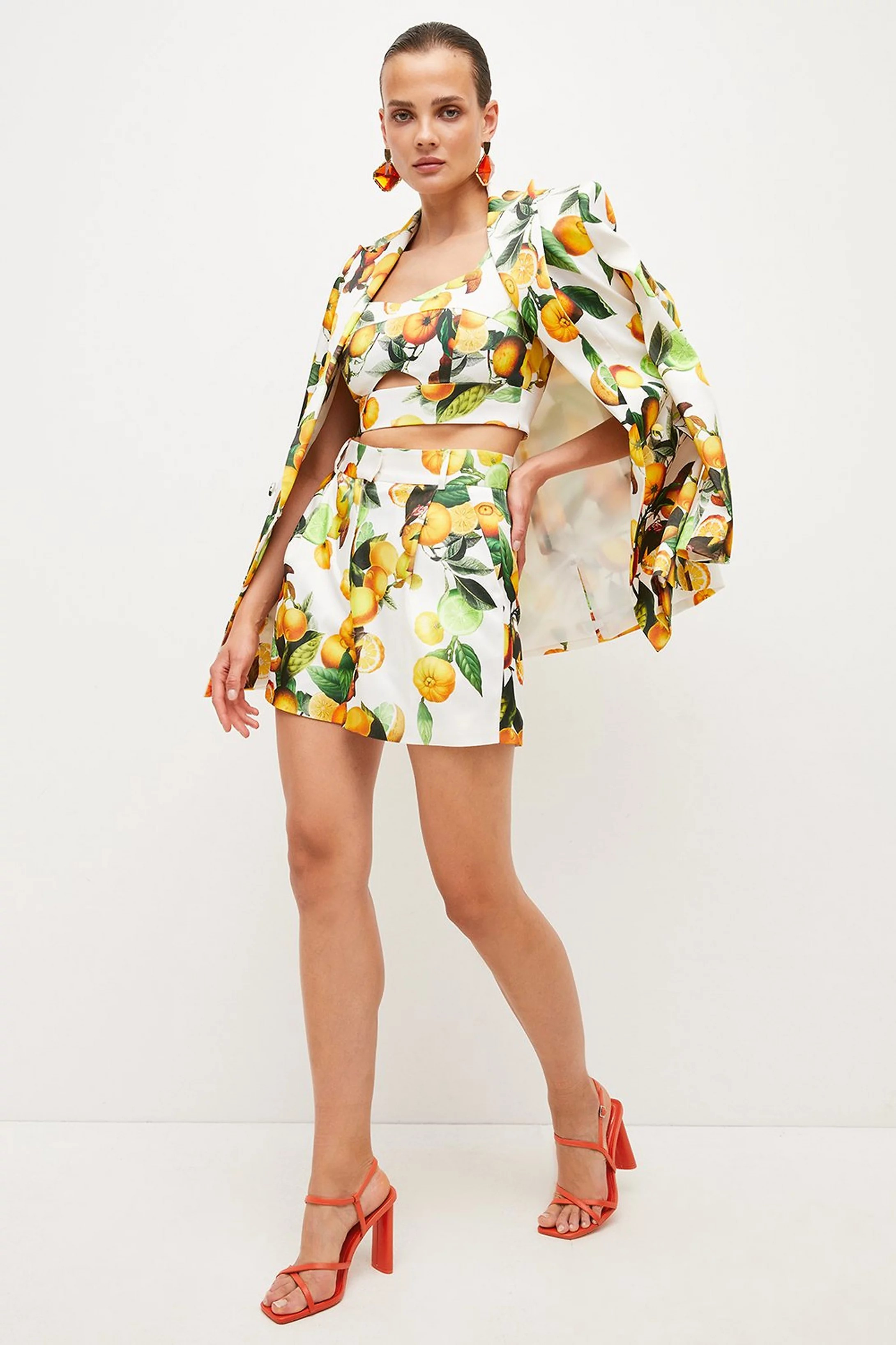Italian Structured Satin Citrus Print Tailored Short | Karen Millen UK & IE