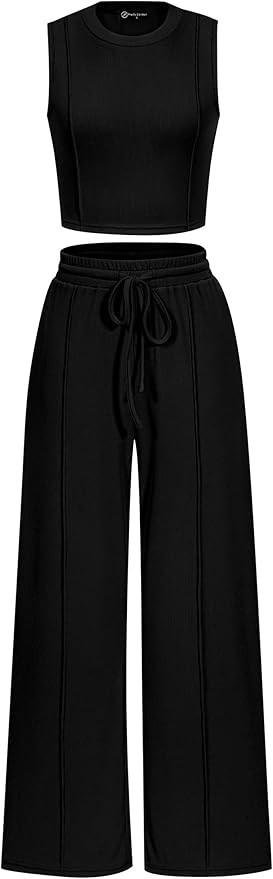 Pretty Garden Womens 2 Piece Summer Ribbed Knit Sleeveless Crop Tank Tops Wide Leg Casual Pants | Amazon (US)