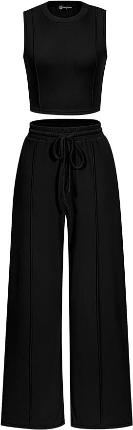 Pretty Garden Womens 2 Piece Summer Ribbed Knit Sleeveless Crop Tank Tops Wide Leg Casual Pants | Amazon (US)