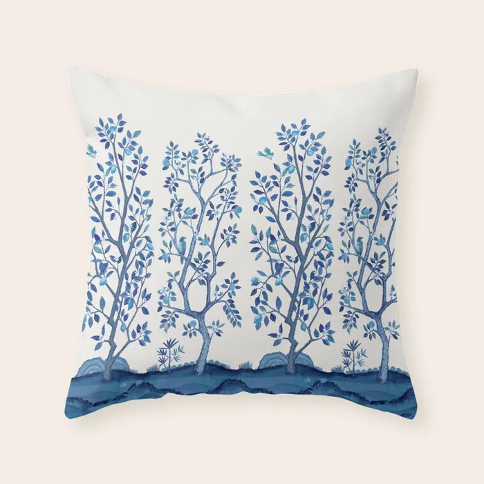 Blue Chinoiserie Citrus Grove Mural Throw Pillow | Society6