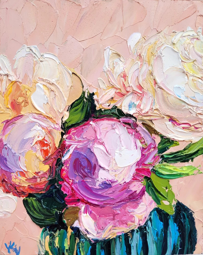 Peony Oil Painting Flower Painting Original Art Impasto Oil Painting 6x8 Floral Wall Art Pink Flo... | Etsy (US)