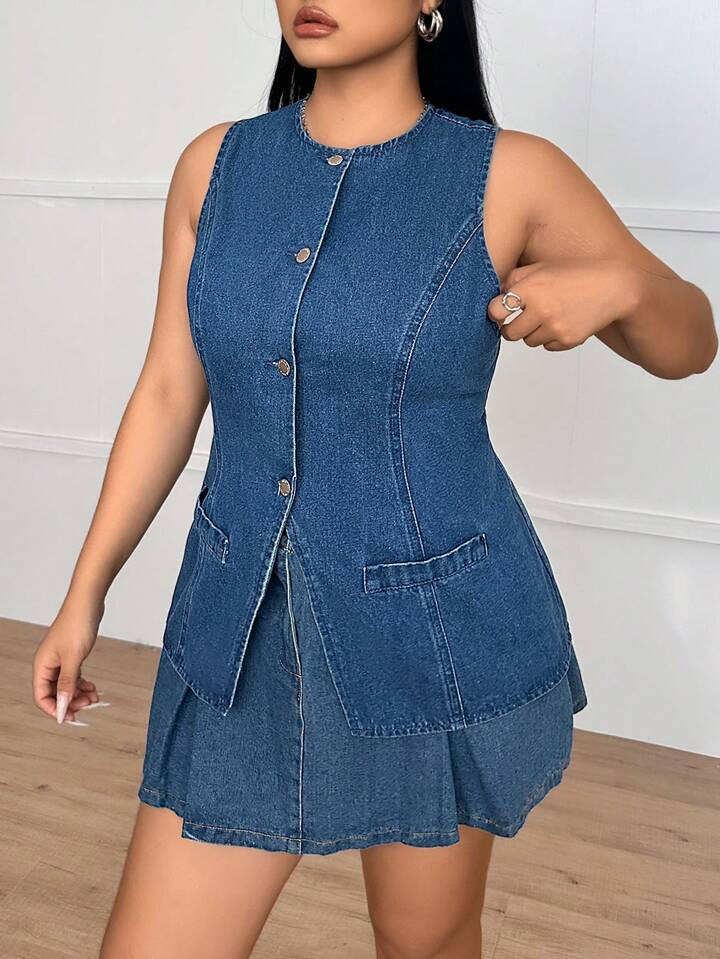 Firerie Plus Size Denim Vest, Casual Slim Fit Sleeveless, Blue | SHEIN