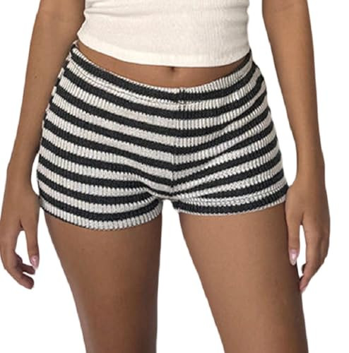 Y2k Striped Shorts for Women High Waist Stretch Micro Boy Shorts Slim Fit Pajamas Bottoms Lounge Shorts Sleepwear(Stretch White,Large) | Amazon (US)