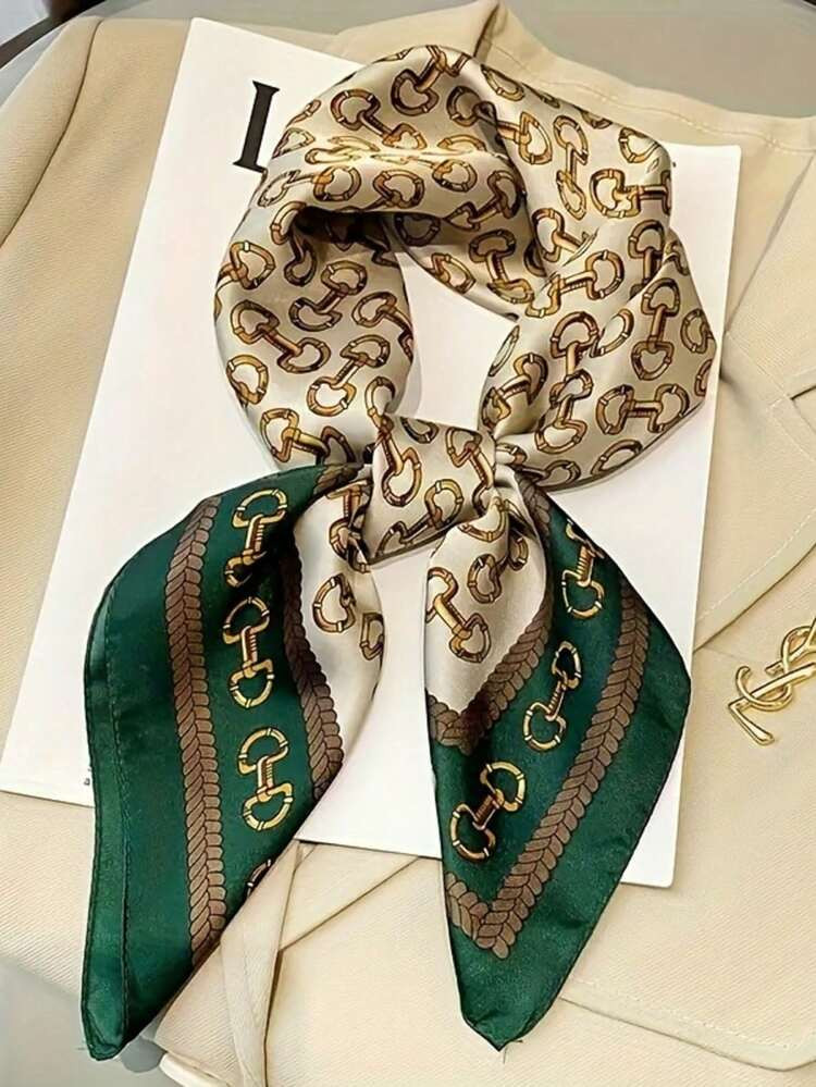 1pc 26.7 Inch Vintage Metal Buckle Printed Square Scarf - 100% Polyester Imitation Lightweight Ne... | SHEIN