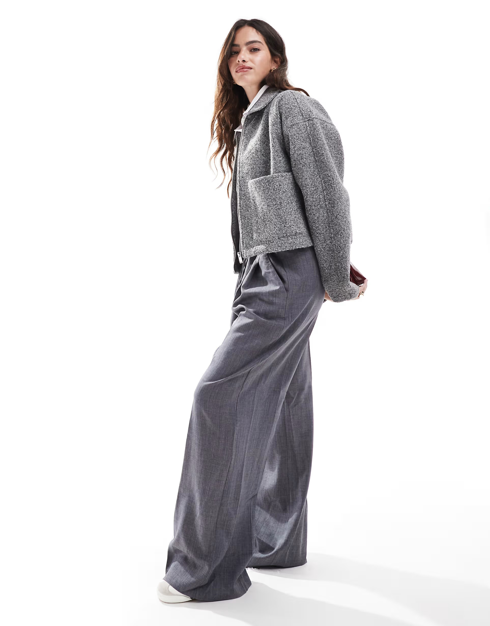 Vila zip front wool bomber jacket in medium grey melange | ASOS (Global)