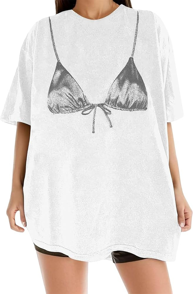 Women Cotton Funny Bikini Print Shirts Y2K Short Sleeve Bra Graphic Oversized T Shirt Loose Fit C... | Amazon (US)