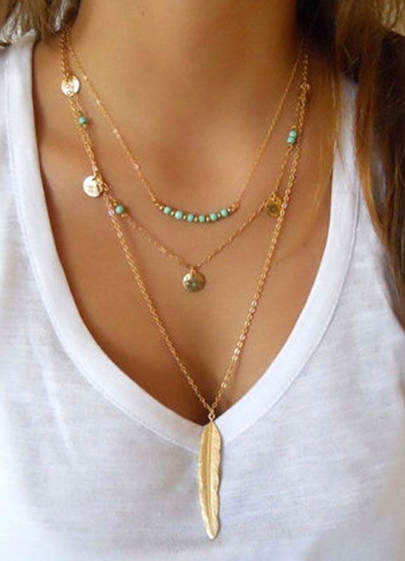 Boho Women Necklace Leaf Gem Layered Golden Necklace | Milanoo