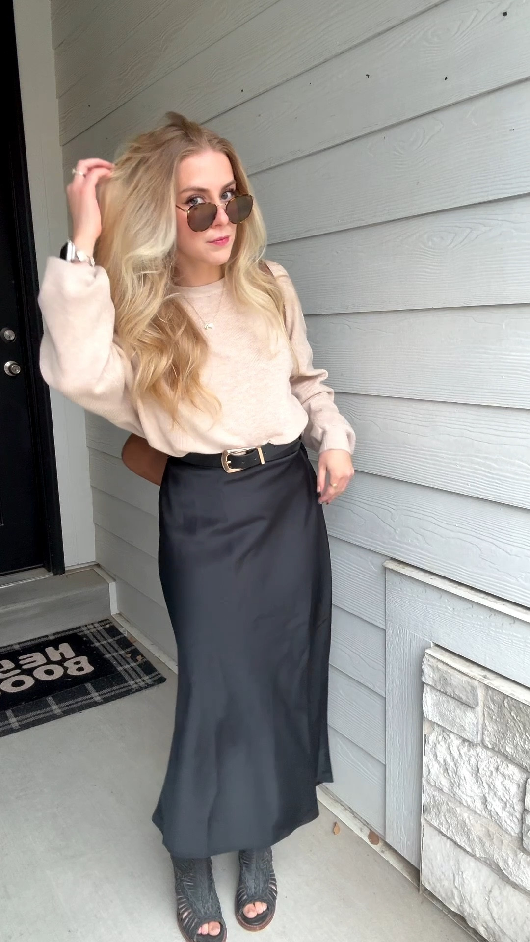 EEK! Love this combo. Sweater on sale right now too!!!
Sweater: sized one size up for oversized look (medium)
Skirt: small
Shoes: Freebirds- sold out in this color but I found similar booties on Amazon. 
For exact shoes you can look up “FreeBird by Steven Black Bela ankle booties” for exact bootie second hand! (They have white and brown on Freebird website 50% off right now but LTK won’t let me link!)

#LTKPetite #LTKWorkwear #LTKSaleAlert