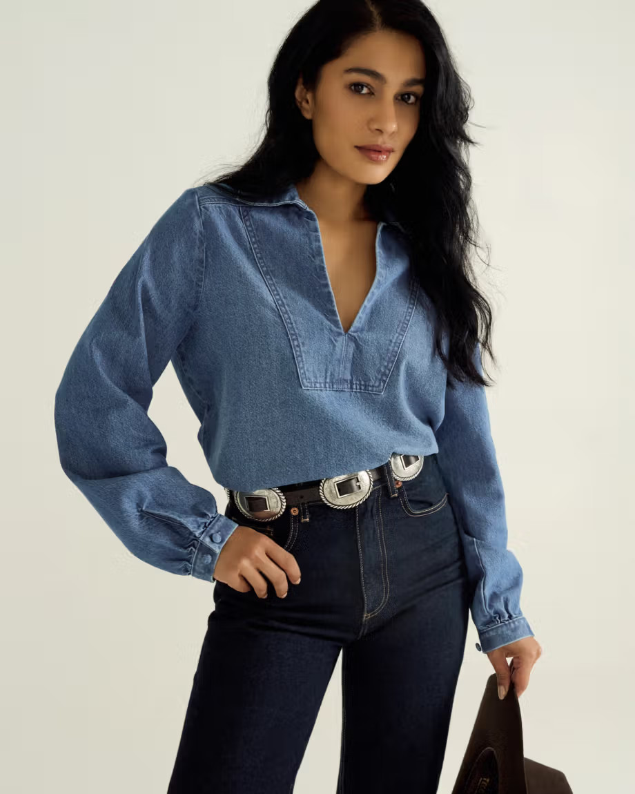Women's Long Sleeve Denim Popover Top | Tecovas