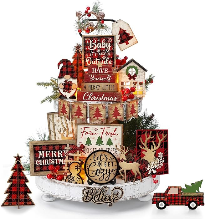 Shellwei 24 Pcs Christmas Tiered Tray Decor, Wood Rustic Buffalo Plaid     Xmas Trees, Gnome, Elk... | Amazon (US)