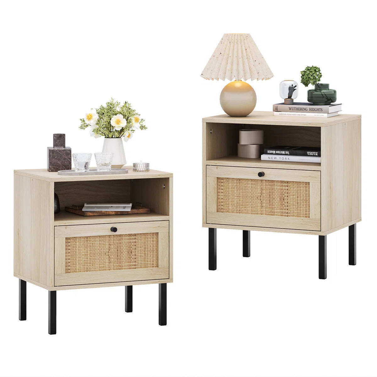 Aimara Rattan Nightstand Set 2, Bedside Table with Open Shelf and Door, Boho End Table (Set of 2) | Wayfair North America