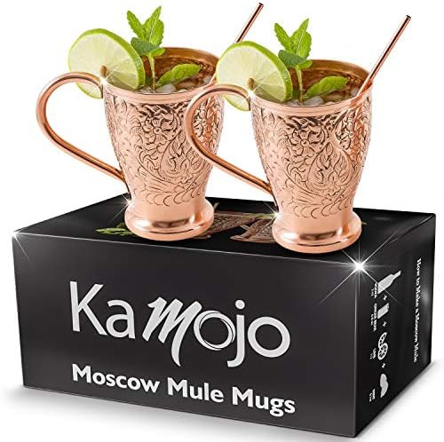 Kamojo Moscow Mule Copper Mugs - Embossed Set of 2 Pure Copper Cups -2 Straws/Stir Sticks -20 Rec... | Amazon (US)