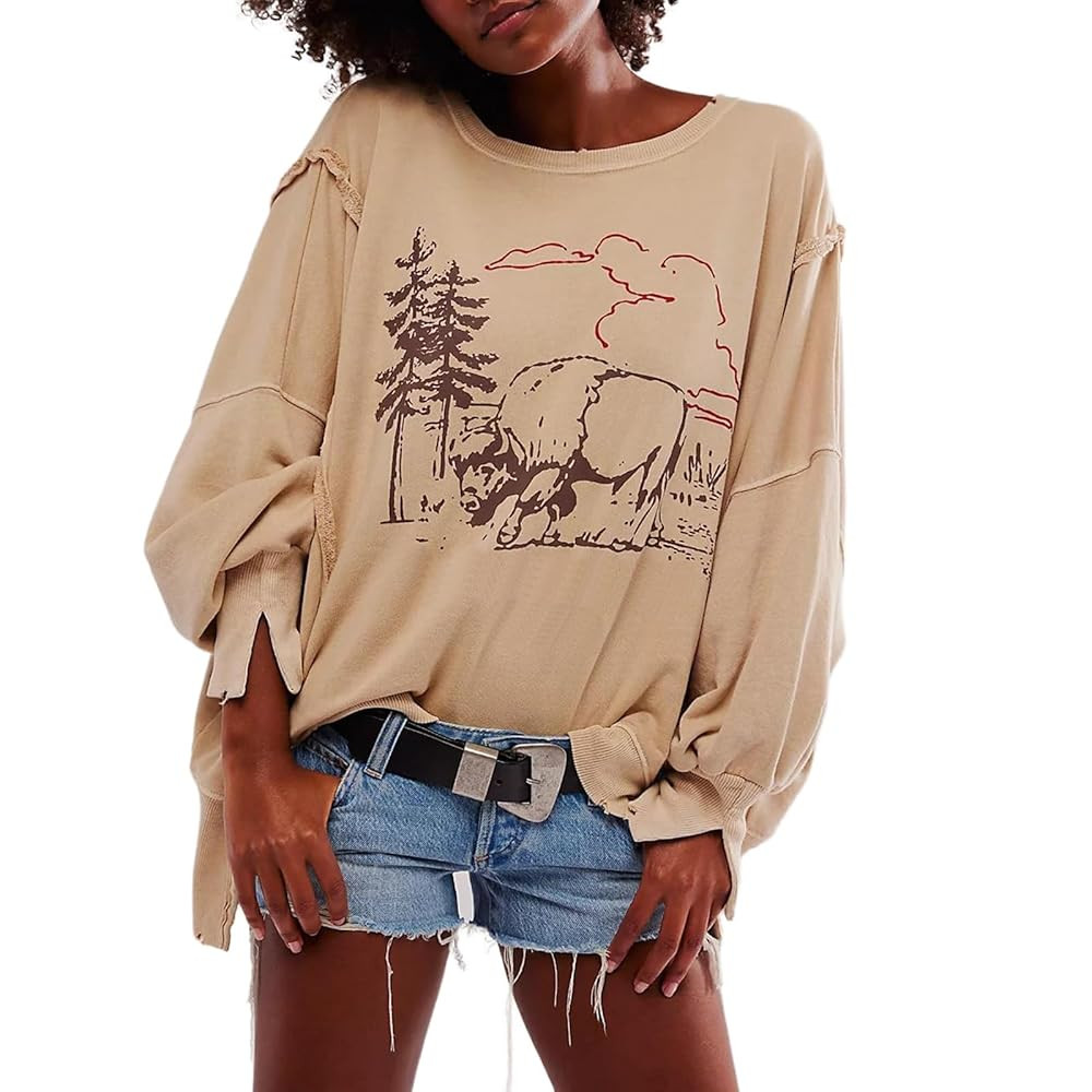 Oversized Graphic Swearshirts Women Y2k Crewneck Long Sleeve Drop Shoulder Shirts Top Vintage Jac... | Amazon (US)