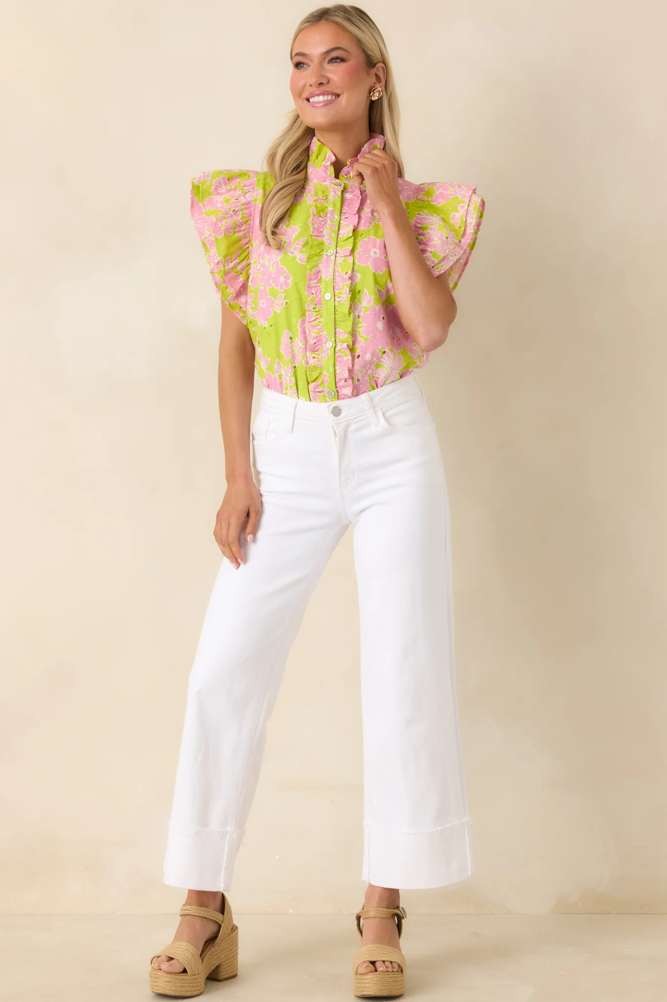 Make It Known Chartreuse & Pink Floral Cotton Eyelet Top | Red Dress