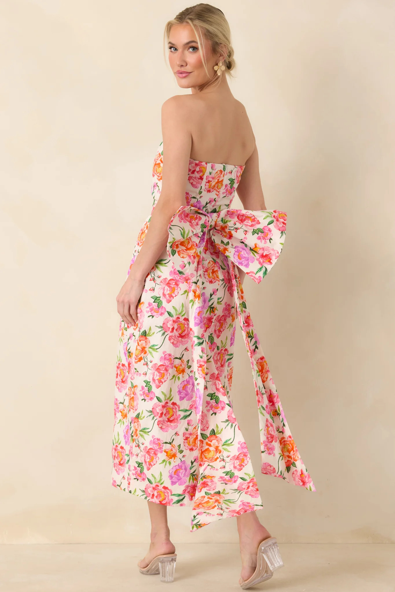 Prosperina Lisette Pink Multi Floral Cotton Strapless Midi Dress | Red Dress