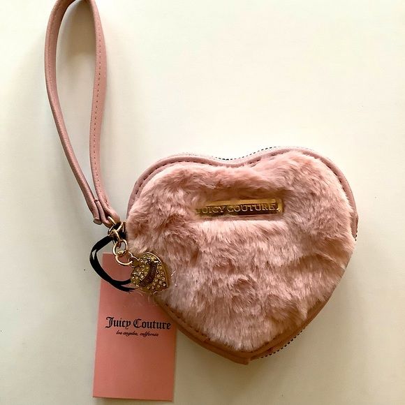 Juicy Couture Fluffy Heart Zip Around Wristlet Pink Faux Fur New | Poshmark