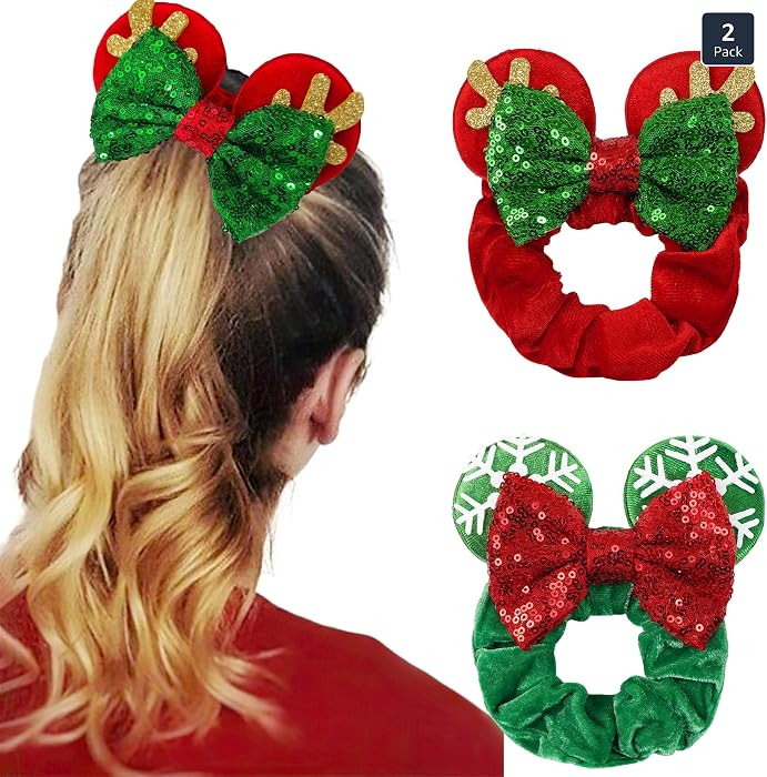 2 Pack Mouse Ears Christmas Scrunchies Sequin Mouse Bows Velvet Hair Scrunchies Hair Ties Elastic... | Amazon (US)
