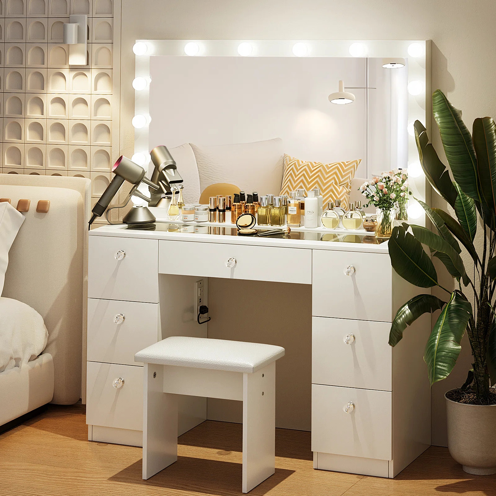 Greyden Makeup Vanity Set with Glass Table and Charging Station, Vanity Table with Lighted Mirror... | Wayfair North America