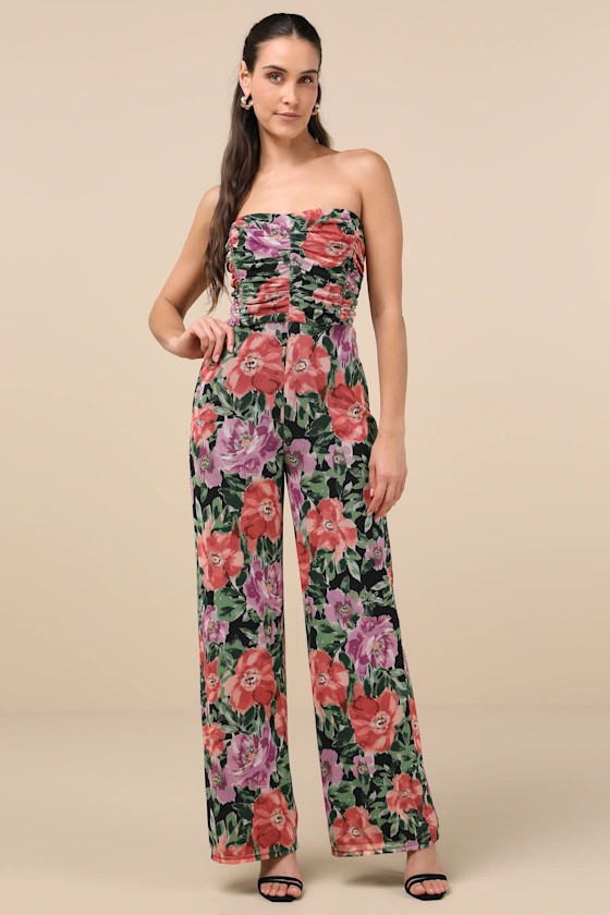 Layka Black Multi Floral Mesh Wide-Leg Jumpsuit | Lulus