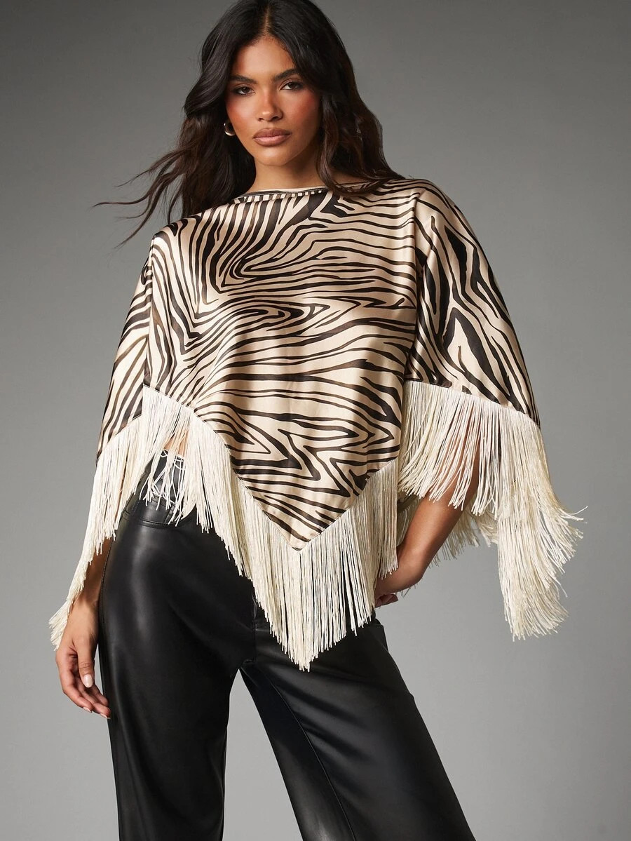 MISSGUIDED Zebra Print Satin Fringe Trim Batwing Sleeve Poncho Top Boat Neck High Low Hem Party Festival Holiday Statement Blouse | SHEIN