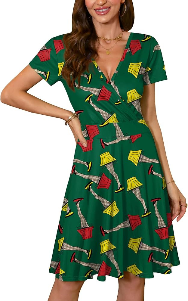 For G and PL Women's Christmas Short Sleeves V Neck Wrap Dress | Amazon (US)