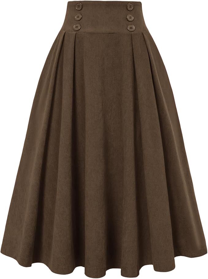 Belle Poque Corduroy Skirt for Women A-Line Flared Swing Skirt Midi High Waist Skirts | Amazon (US)