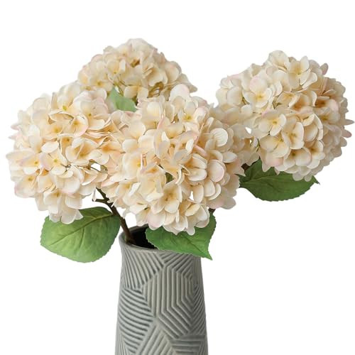 mizii 4Pcs Beige Artificial Hydrangea Flowers Large Fake Silk Hydrangea Flower with Leaves Stems Realistic Faux Hydrangeas Decorations for Wedding Table Centerpieces Vase Home Decor (Beige) | Amazon (US)