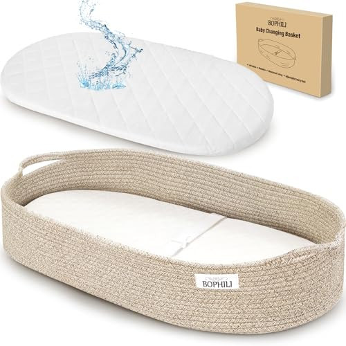 BOPHILI Baby Changing Basket w/Foldable Baby Changing Pad and Waterpoof Cover, Premium Handmade Cotton Rope Reinforced Moses Baskets Changing Table Topper, Built-in Security Strap (Warm Brown) | Amazon (US)