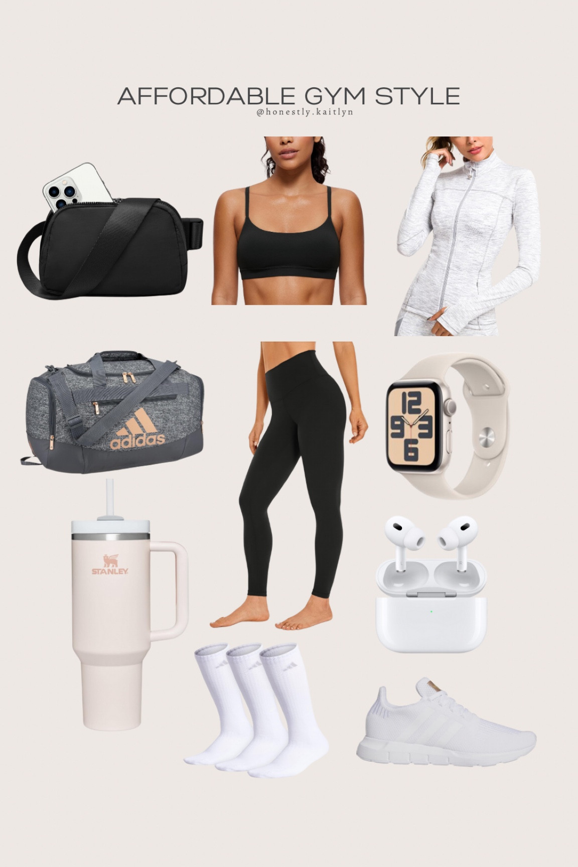 When it comes to gym style, I like to invest in shoes, a smart watch and ear pods. Everything else I try to find affordable options. The leggings, sports bra and jacket are incredible quality. Super soft and stretchy like butter. Set fits true to size. 

#LTKfitness
