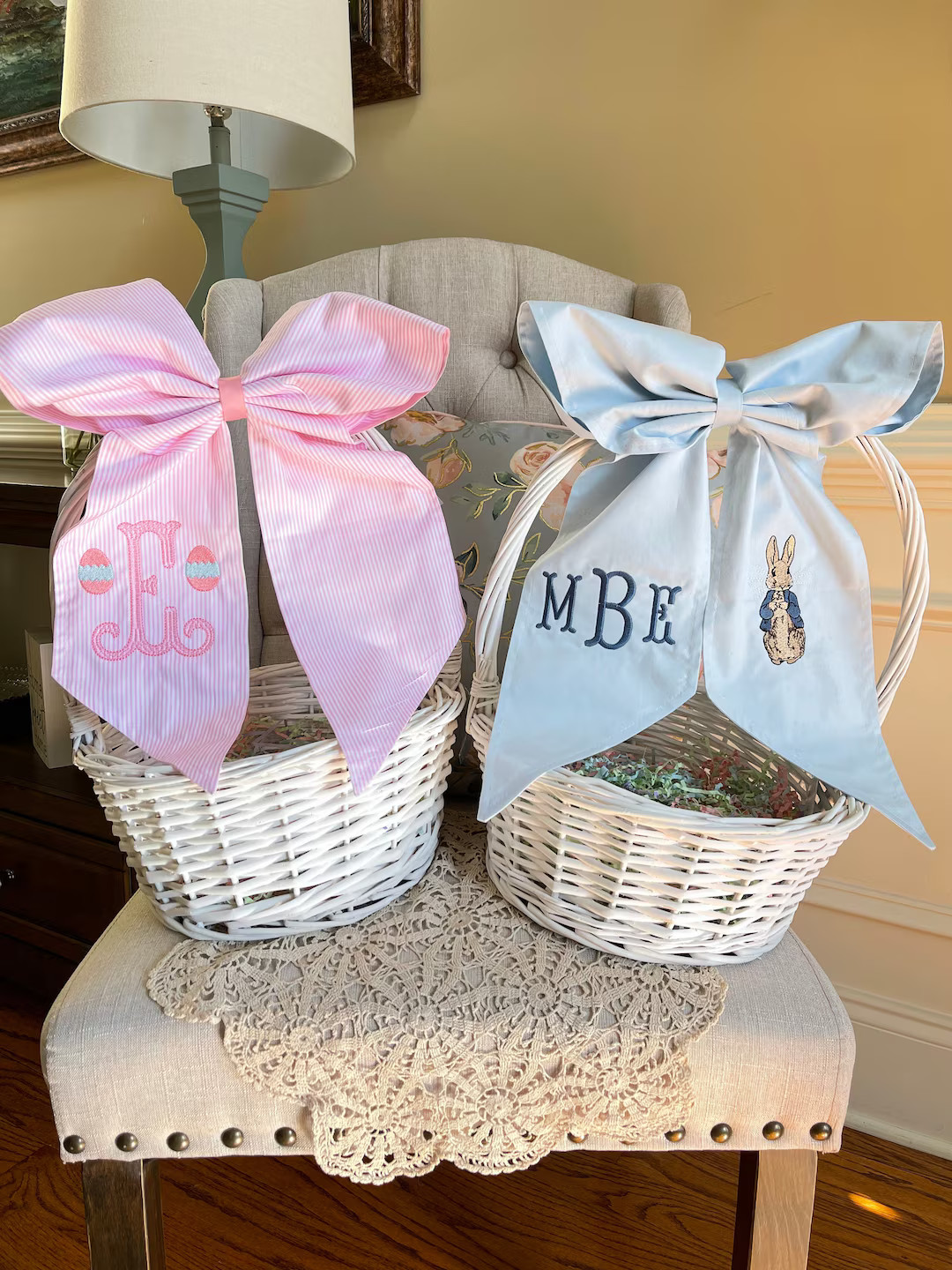 RESTOCKED! Monogrammed Seersucker Easter Basket Bow, Bunny Baskets Gingham Bow with Name or Monog... | Etsy (US)