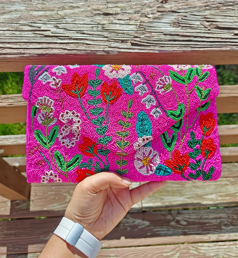 Fushcia Pink Beaded Clutch, Envelope Design Purse, Party Evening Crossbody, Gift for Her, Special... | Etsy (US)