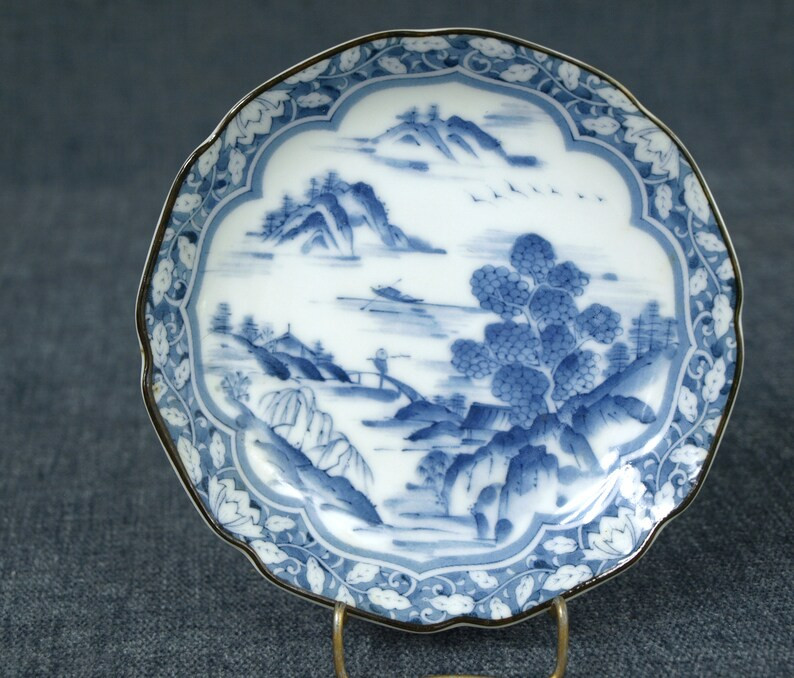 Vintage Japanese Hand Painted Blue & White Porcelain 4.5 Plate With Mountains Trees Water Scene -... | Etsy (US)