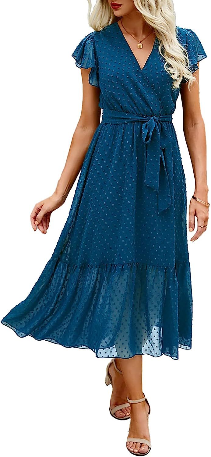 BTFBM Women Summer Bohemian Floral Casual Wrap V Neck Ruffle Cap Sleeveless Belt A-Line Pleated H... | Amazon (US)