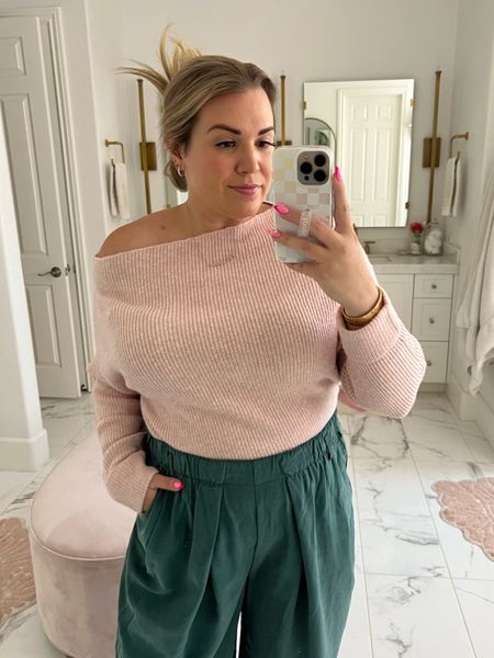 curvy fall look from the Nordstrom Anniversary Sale! wearing size large in off the shoulder blush sweater (true to size) and xl in teal wide leg pants (i sized up for bump! waist is elastic) 

#LTKxNSale #LTKcurves #LTKunder100