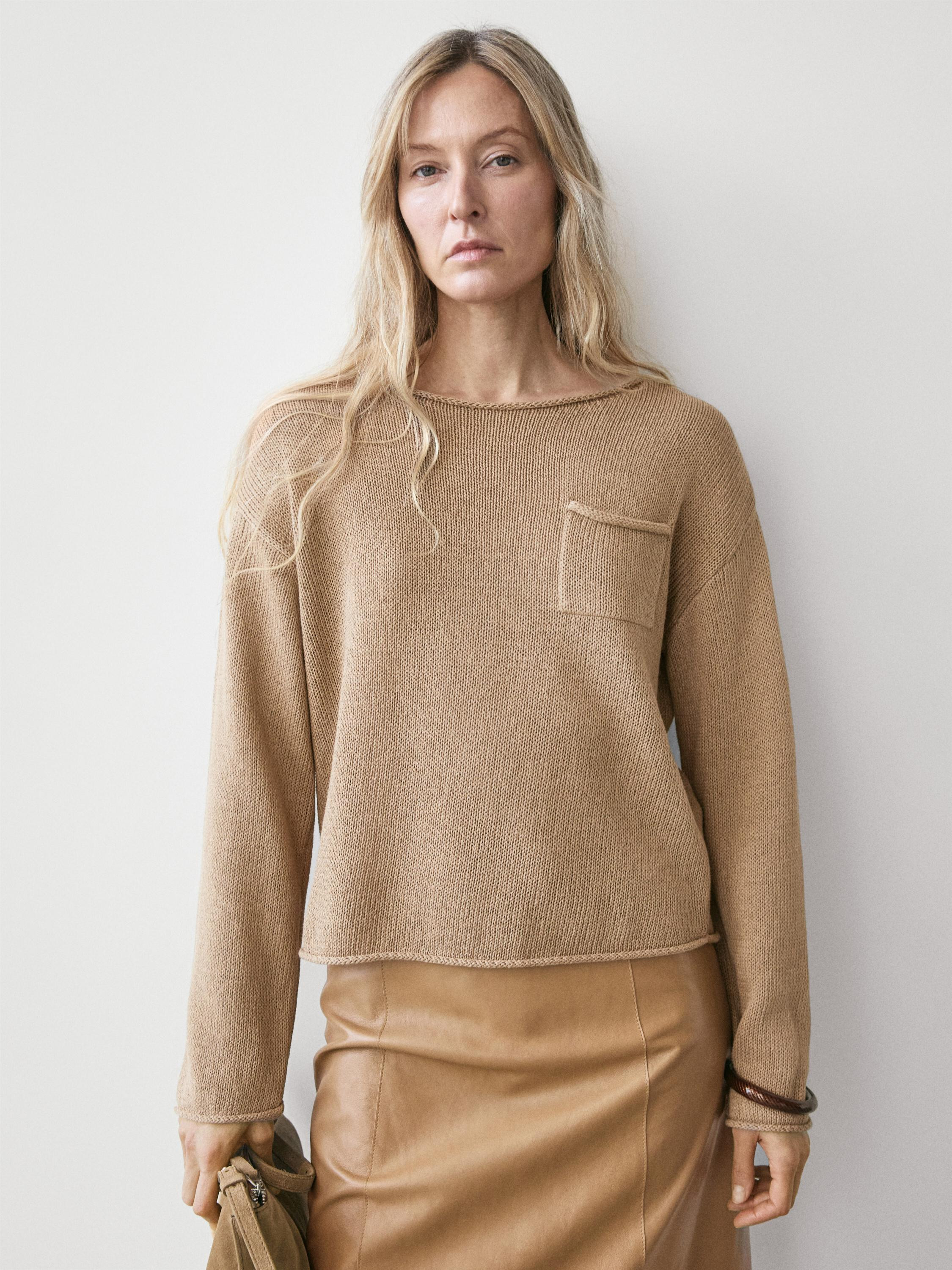 Cotton and linen knit sweater with pocket detail | Massimo Dutti US