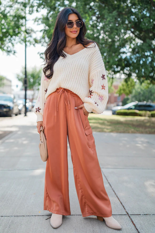 Cool Touch Rust Satin Cargo Pull On Pants | Pink Lily