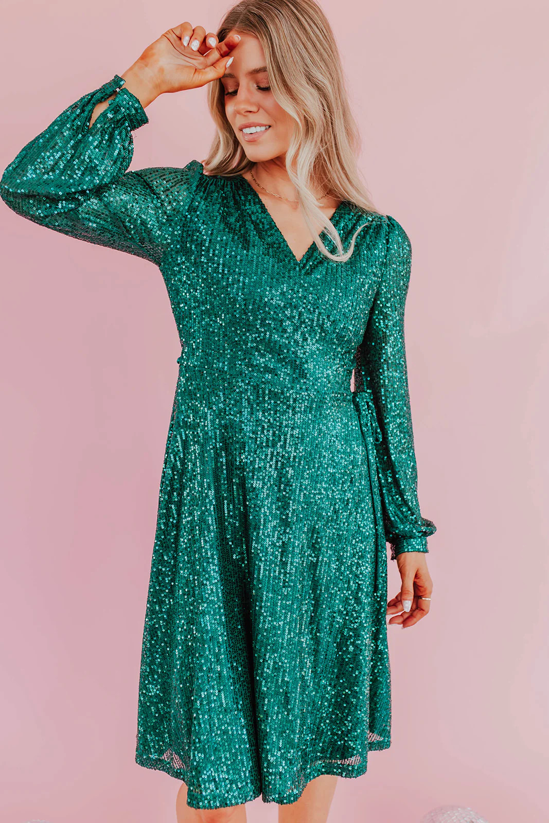 THE SPARKLY SEQUIN WRAP DRESS IN HUNTER GREEN BY SARAH TRIPP X PINK DESERT | Pink Desert