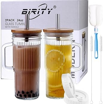 Birity 24oz Ribbed Glass Cup with Lids and Straws,2Pack Glass Tumbler with Handle,Reusable iced C... | Amazon (US)
